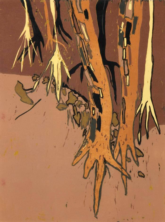 Print in shades of brown, with some orange and yellow, of abstract trees and their roots.